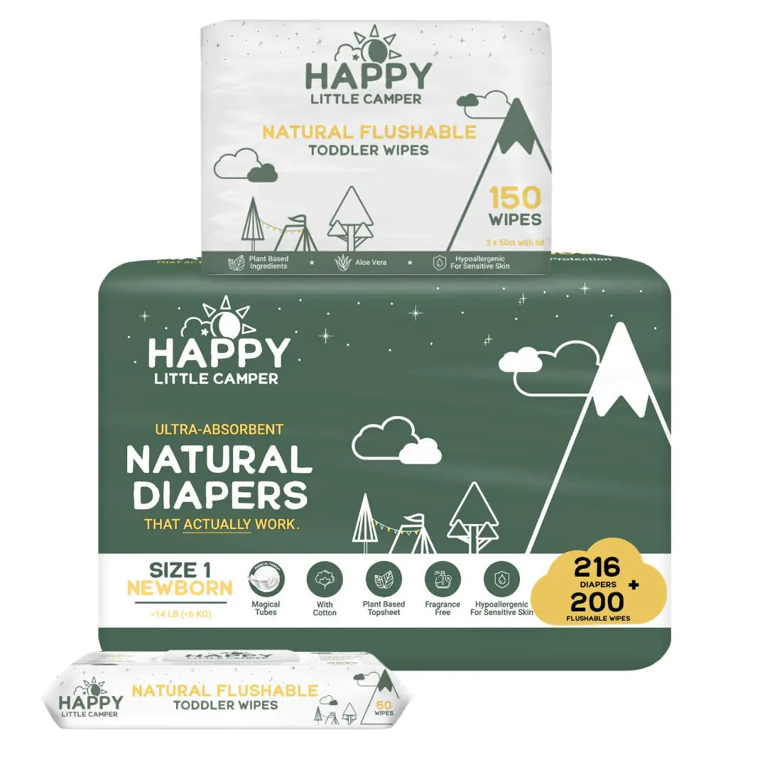 Happy Little Camper Ultra-Absorbent Natural Baby Diapers Size 1 - Hypoallergenic Unscented & Chlorine-Free Disposable Diapers (216 Count) Come with Flushable Wipes (200 Count) for Sensitive Skin