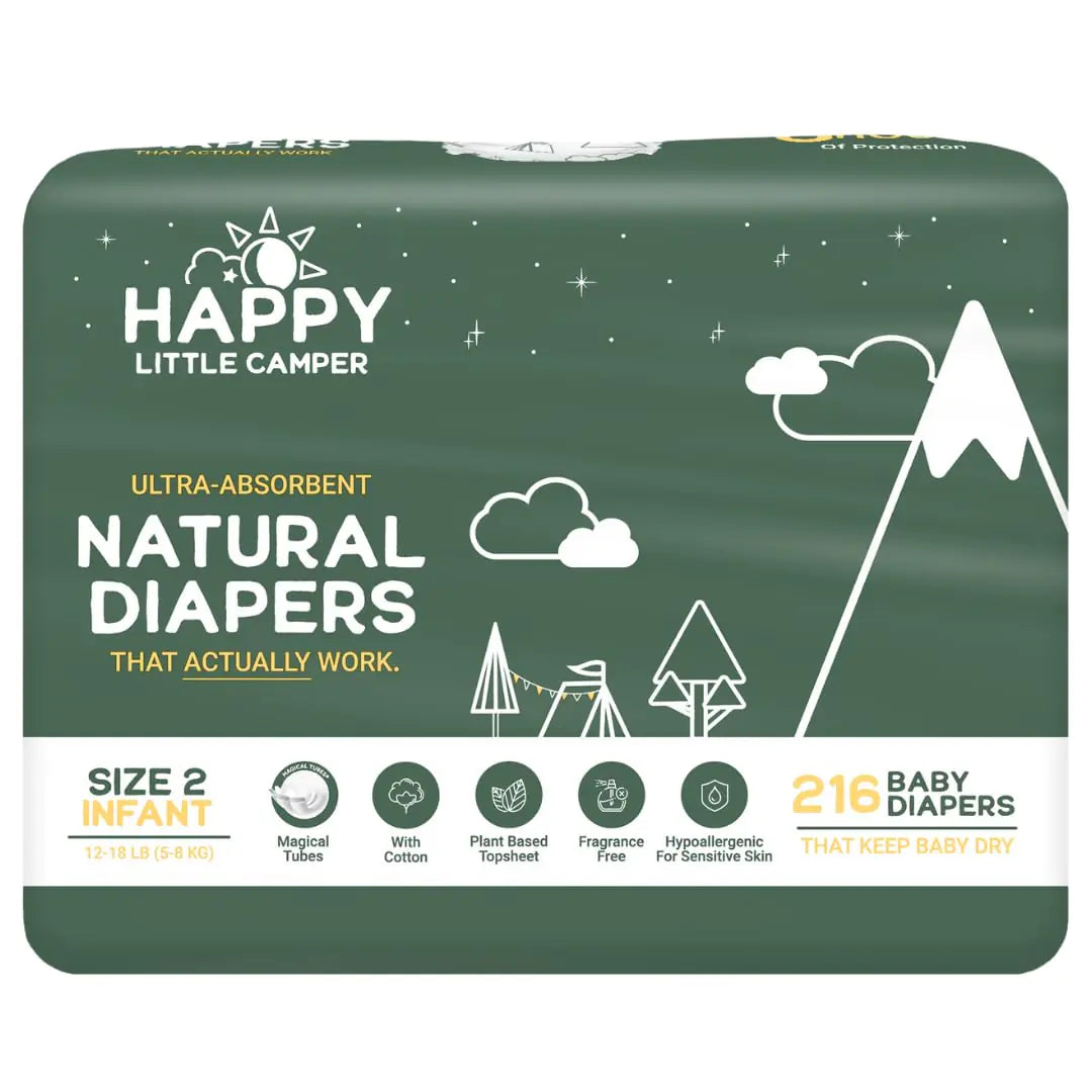 Happy Little Camper Ultra-Absorbent Natural Baby Diapers Size 2 - Hypoallergenic & Chlorine-Free Disposable Diapers Safe for Sensitive Skin - Unscented Infant Diapers - 216 Count