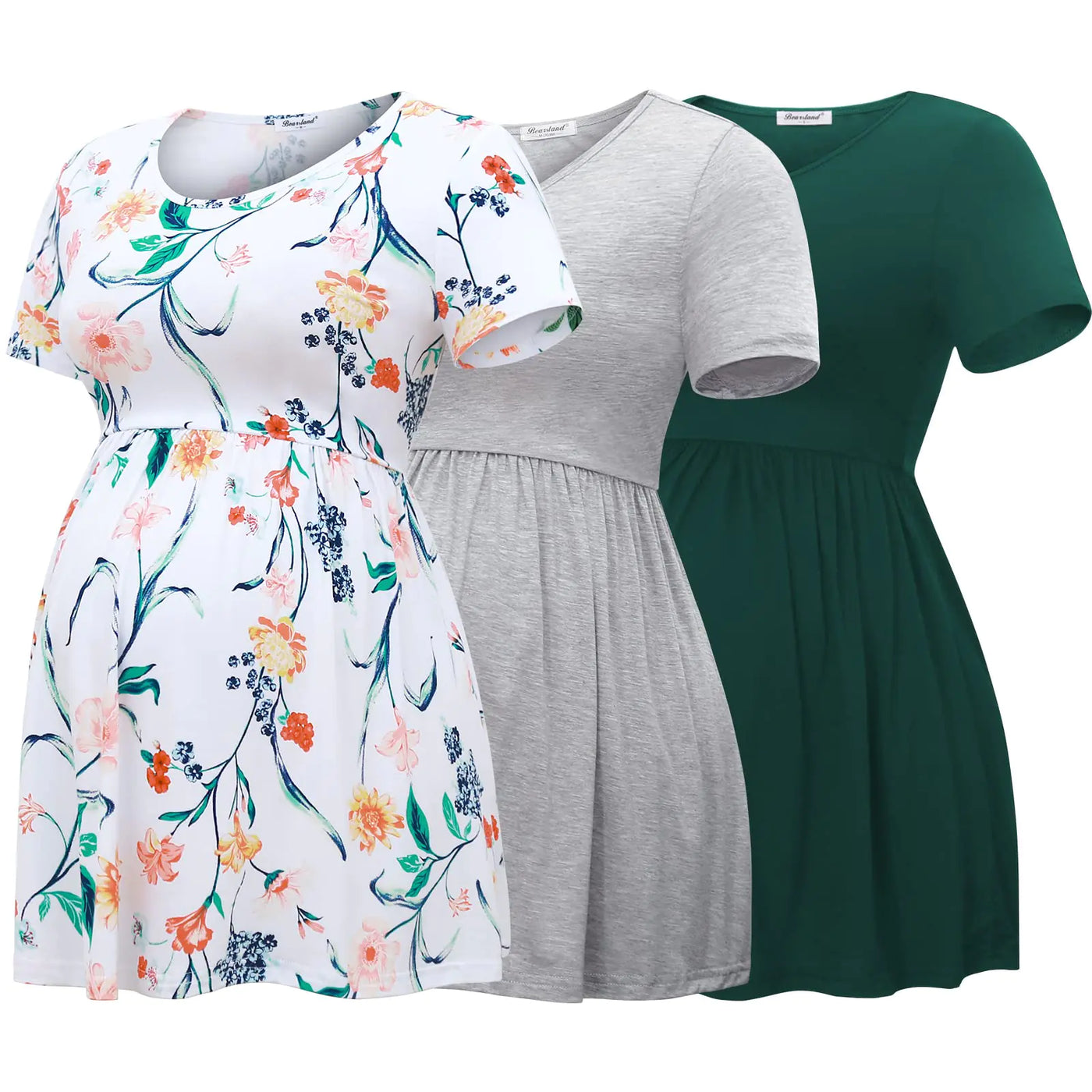Bearsland Maternity Tops Short Sleeve Scoop Neck Maternity Shirt Pregnancy Clothes，Green&Light Gray&White FlowerXL