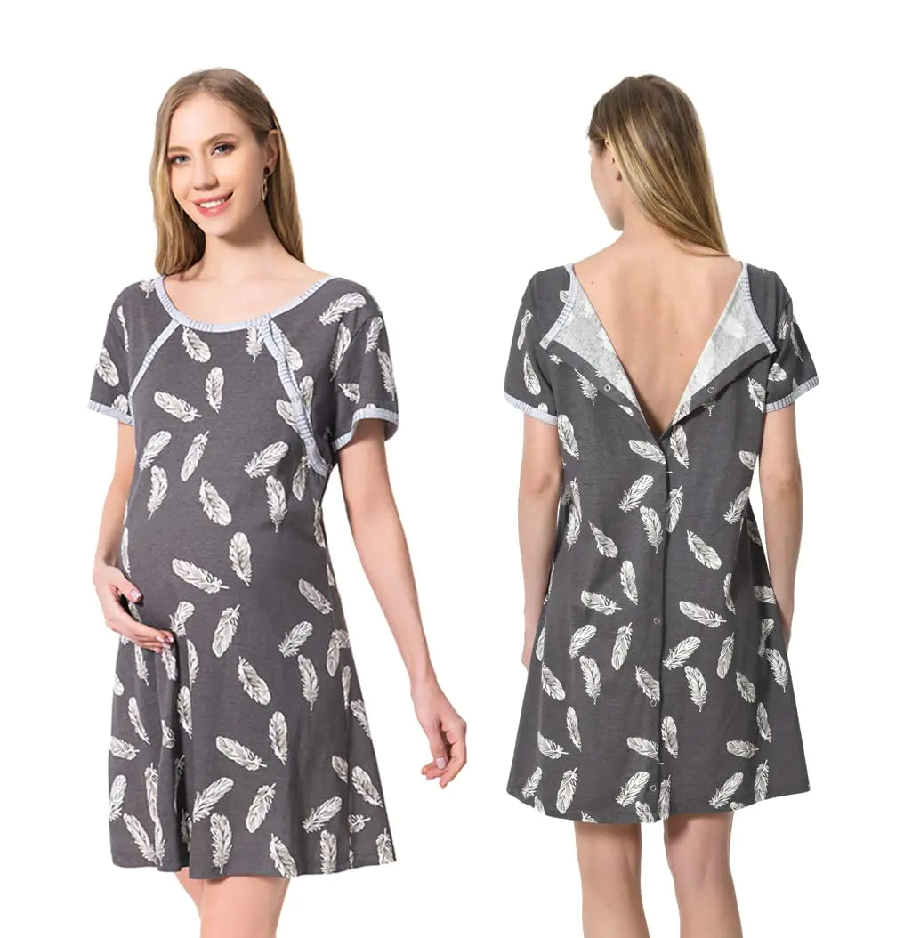 MaisMa 5 in 1 Labor/Delivery/Nursing Hospital Gown Maternity/Maternity/Nursing Nightdress Hospital Bag Must Have (Graphite/With Feathers XXL)