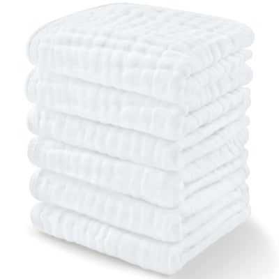 Baby Washcloths Muslin Cotton Baby Towels 6 Pack -Large 10”x10” Wash Cloths Soft on Sensitive Skin Absorbent for Boys & Girls Newborn Baby & Toddlers Bibs & Burp Cloths Essentials Set White