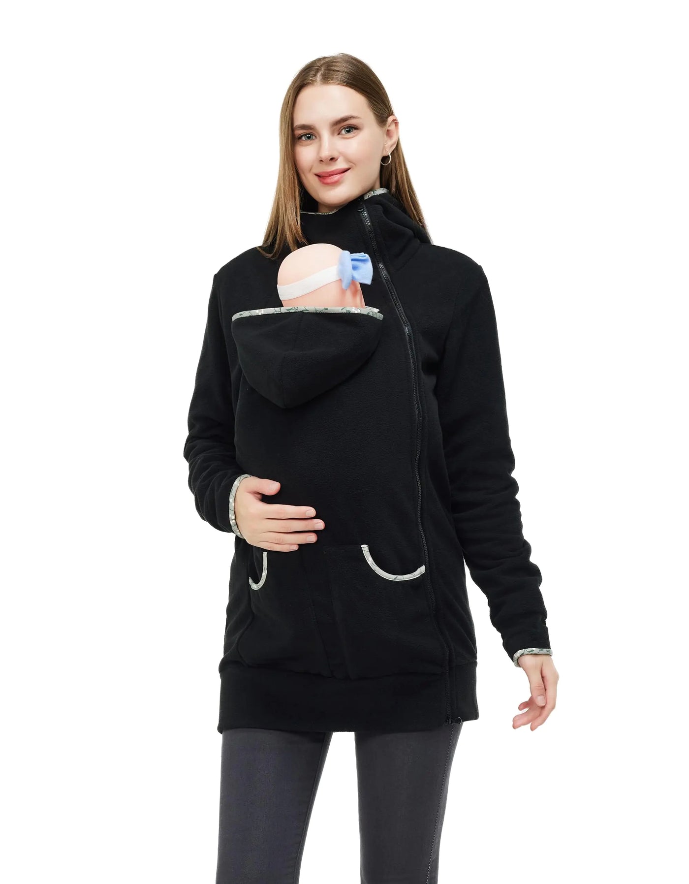MaisMa Womens Fleece Zip Up Maternity Kangaroo Hoodie Sweatshirt Jacket(Black-FlowersXL)