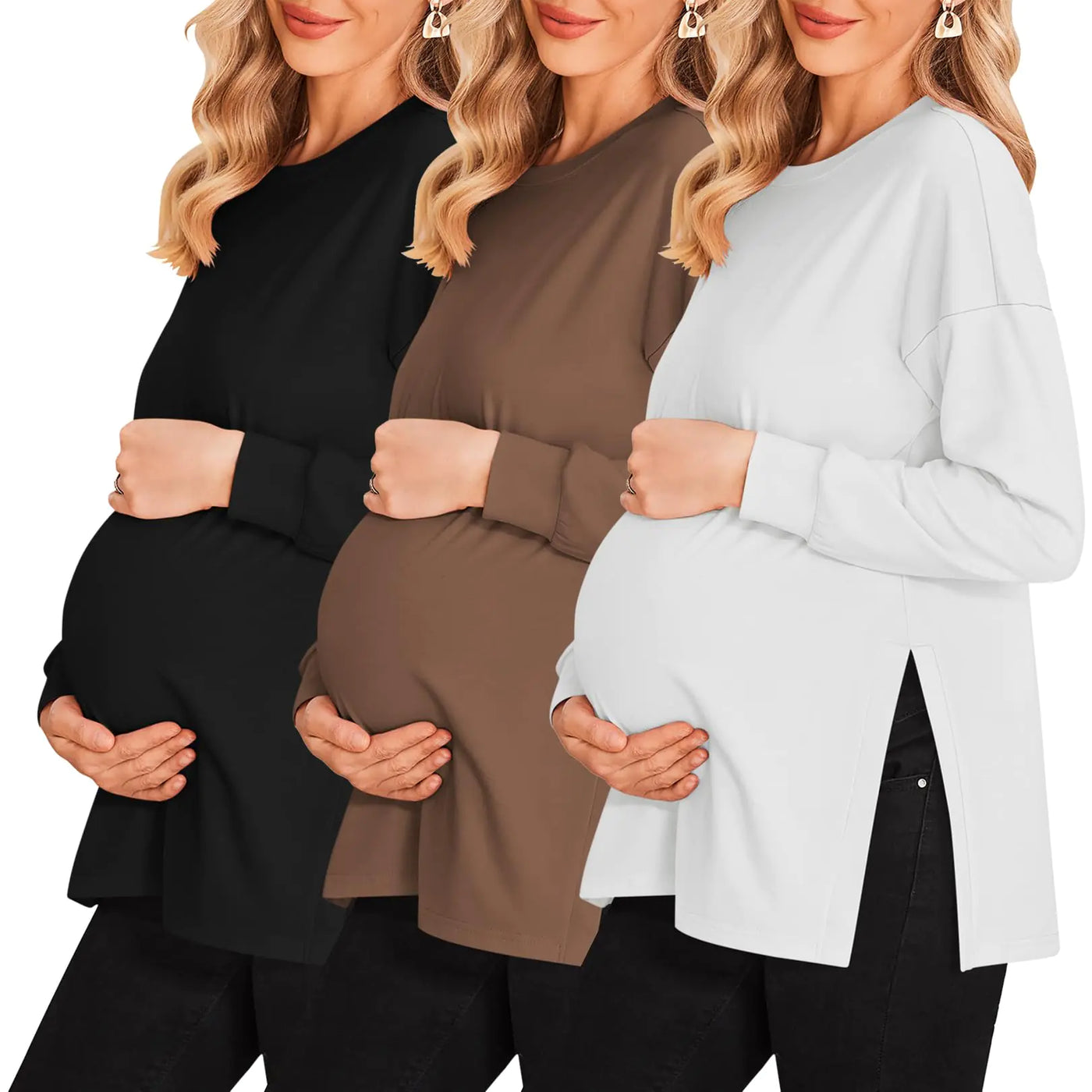 Ekouaer Pregnancy Shirts for Women 3 Pack Maternity Top O-Neck Maternity T Shirt Black/Brown/White S